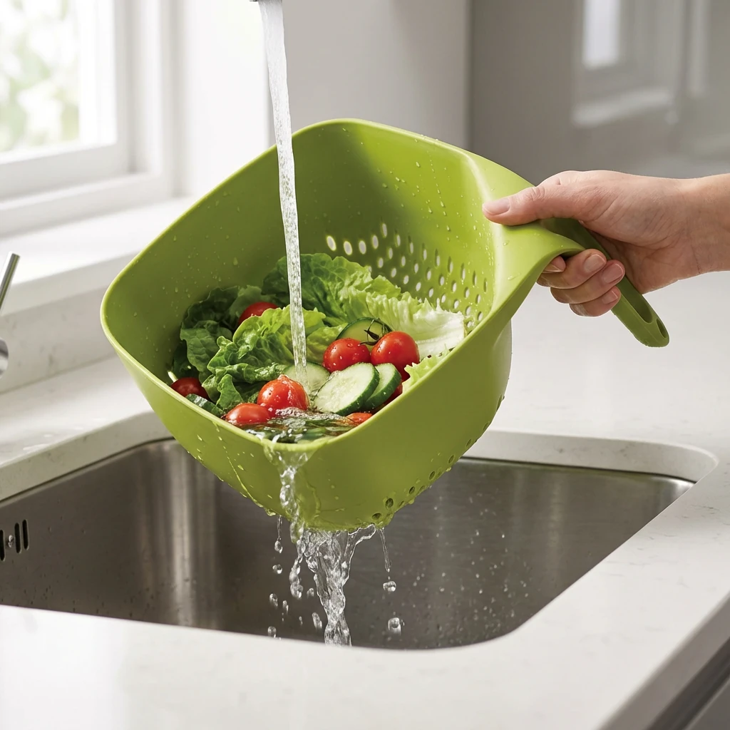 A realistic kitchen sink scene featuring the green handheld colander being held by a person’s hand at the handle. The cola...