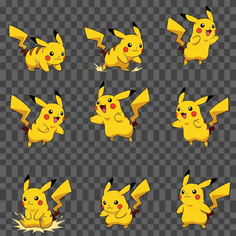 Create a sprite sheet with this pikachu of a 3x3 steps set of animation, with the pikachu jumping and landing, the given i...