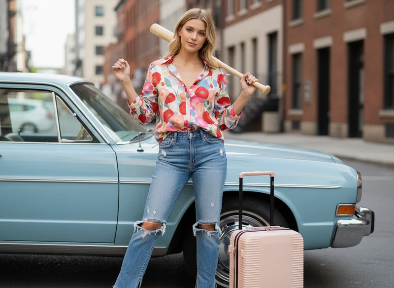 A stylish female model, wearing the floral patterned shirt from Image 5 and the ripped jeans from Image 2, stands confiden...