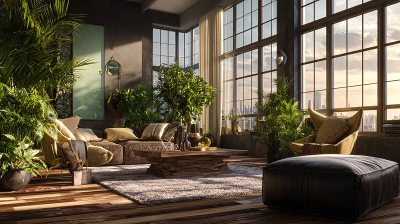 luxury loft living room marketing hero shot with lifestyle models, golden hour rim light, floor-to-ceiling windows, sculpt...