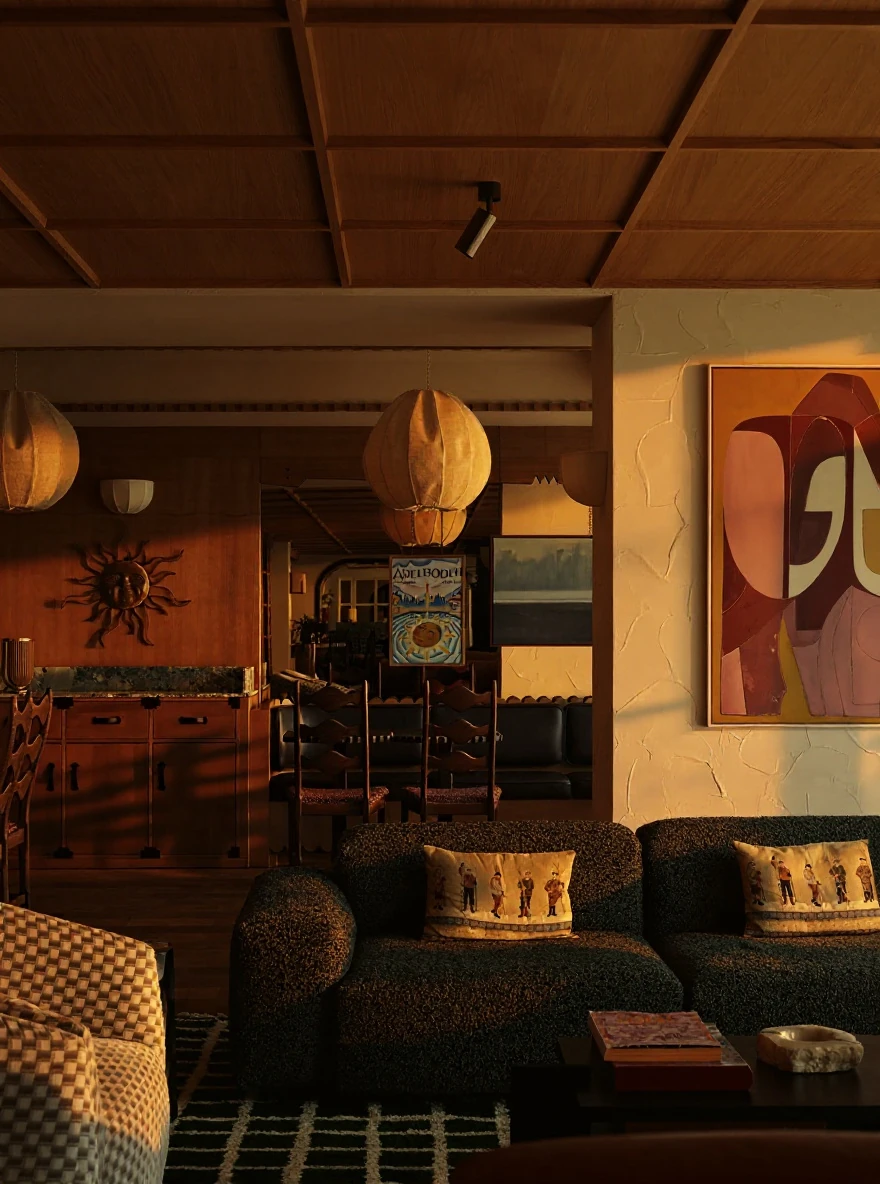 Change this space to golden hour lighting (late afternoon). Show warm, soft sunlight streaming through windows at a low an...