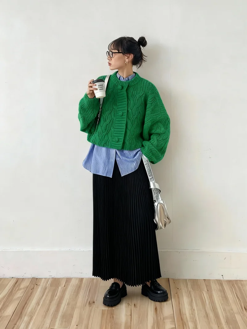 based on image 1, lets replace the sweater with the green sweater from image 2, and replace the pants with the dress from ...