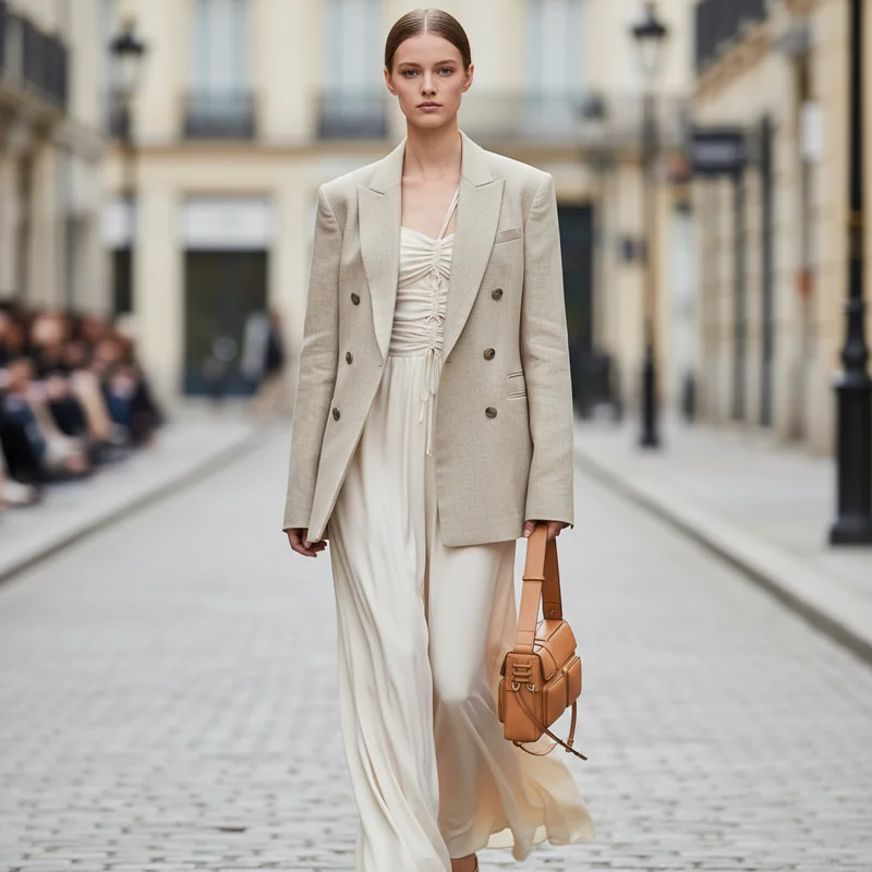 Transform this fashion sketch into a realistic photo: female model wearing the garment design, model in elegant walking po...