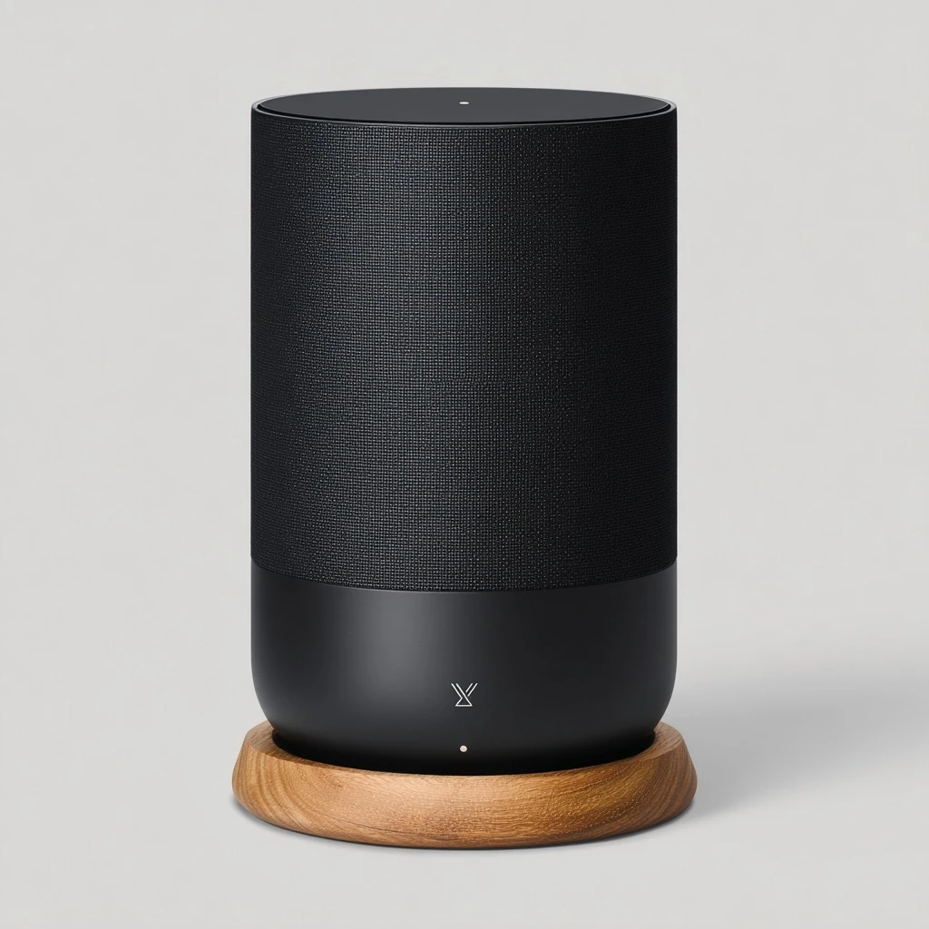 Design a minimalist wireless speaker: cylindrical shape, matte black aluminum body, fabric mesh front, subtle LED indicator, wooden base, modern Scandinavian aesthetic, studio product photography lighting