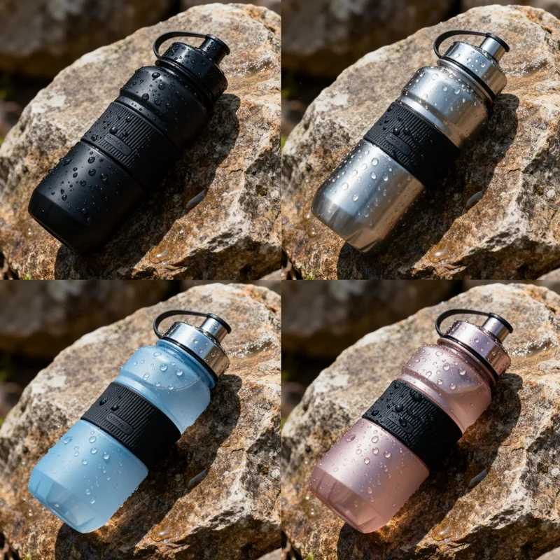 Show this water bottle in 4 color variations: matte black, brushed stainless steel, powder blue, and rose gold. Same desig...
