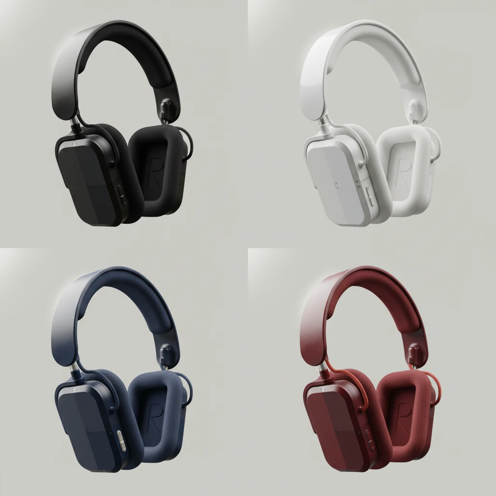 Create 4 color variations of this product: keep the same product and lighting, but show it in matte black, glossy white, navy blue, and burgundy red. arrange them in a 2x2 matrix for comparison