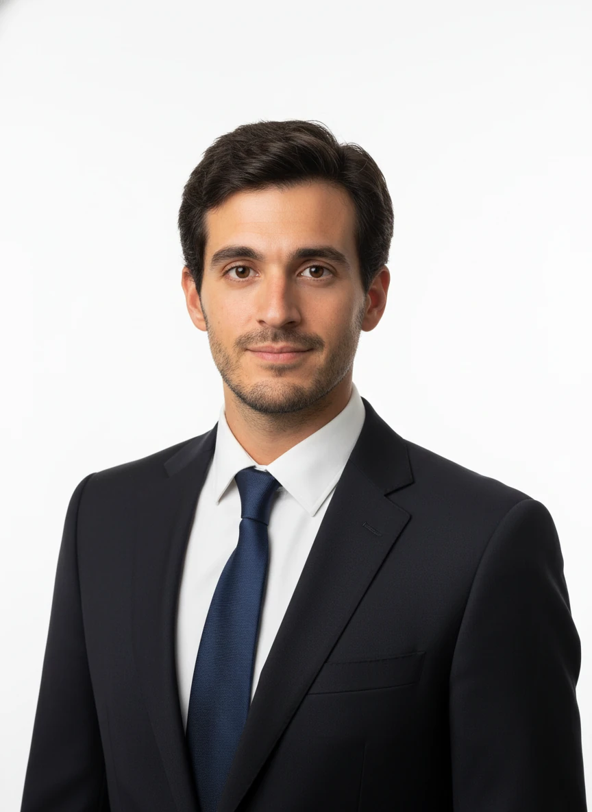 Create a professional headshot based on the man in the provided photo, clean white background, studio lighting, corporate portrait, business professional, sharp focus on face