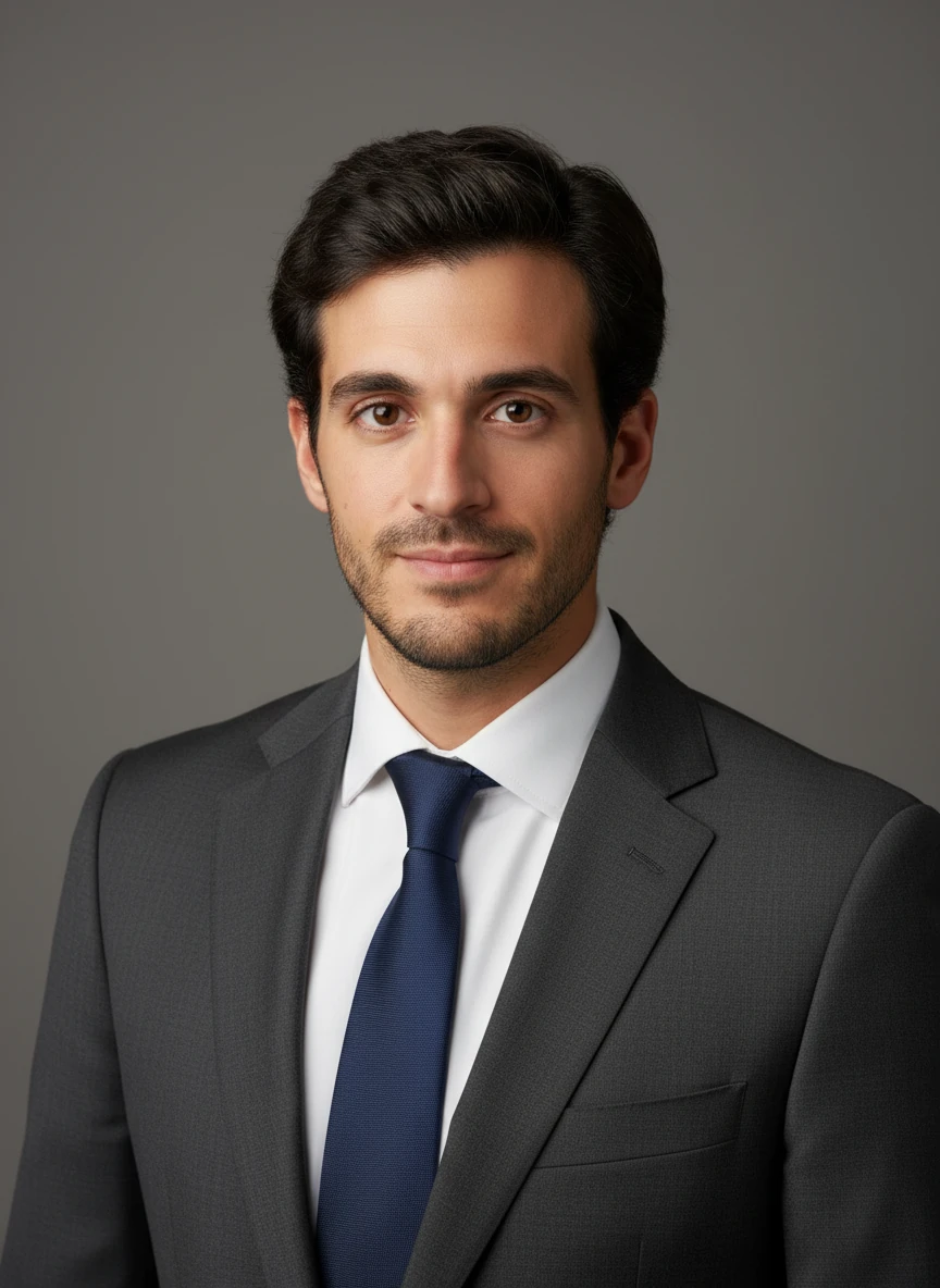 Create a professional headshot based on the man in the provided photo, neutral gray background, soft studio lighting, corporate portrait, business professional, natural expression