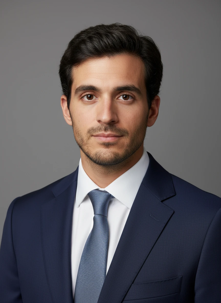 Create a professional headshot based on the man in the provided photo, neutral gray background, soft studio lighting, professional business suit, navy blue suit jacket, white dress shirt, professional tie, corporate attire, keep same face and natural expression