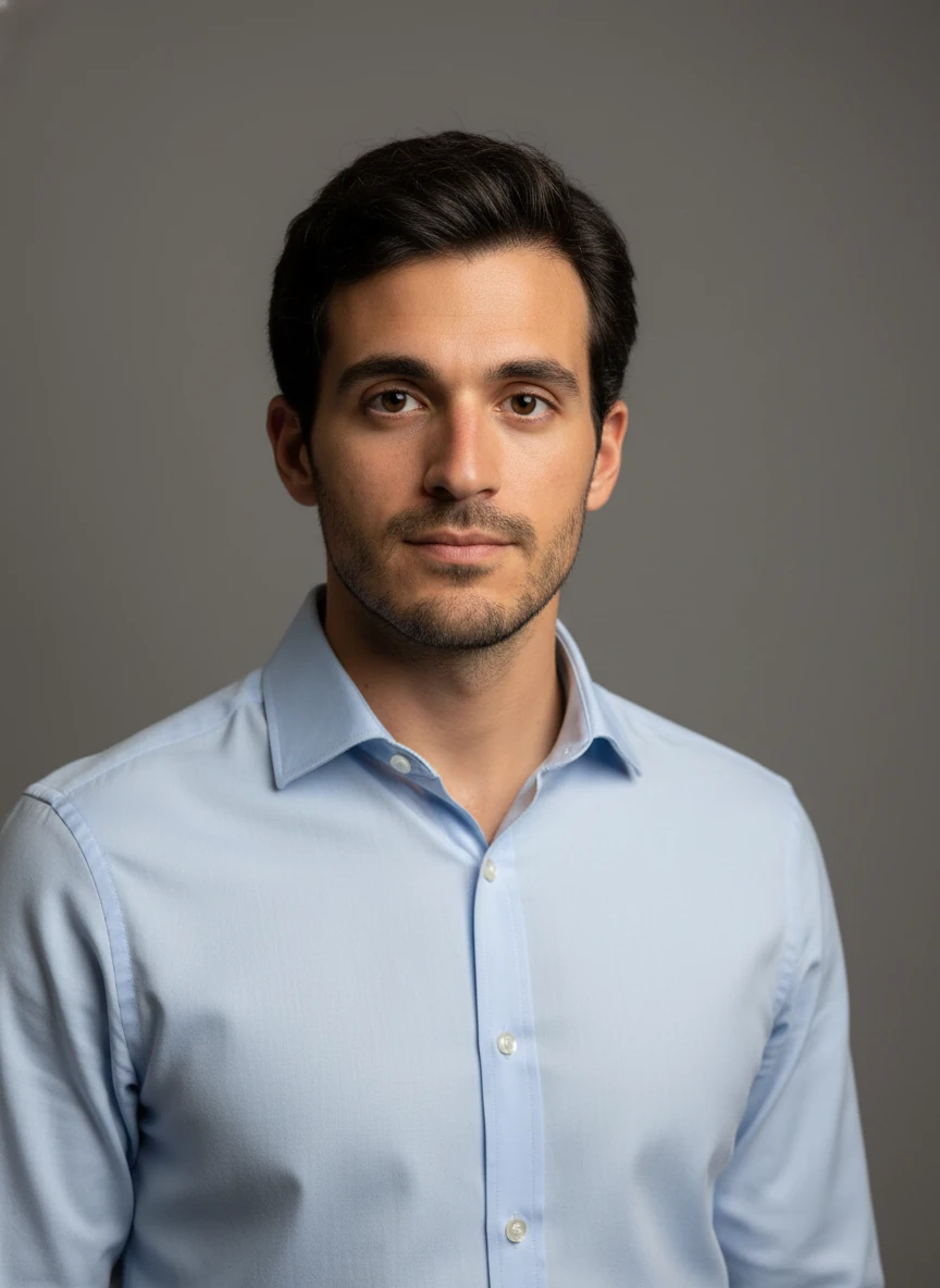 Create a professional headshot based on the man in the provided photo, neutral gray background, soft studio lighting, professional collared shirt, business casual, light blue dress shirt, professional attire, keep same face and expression