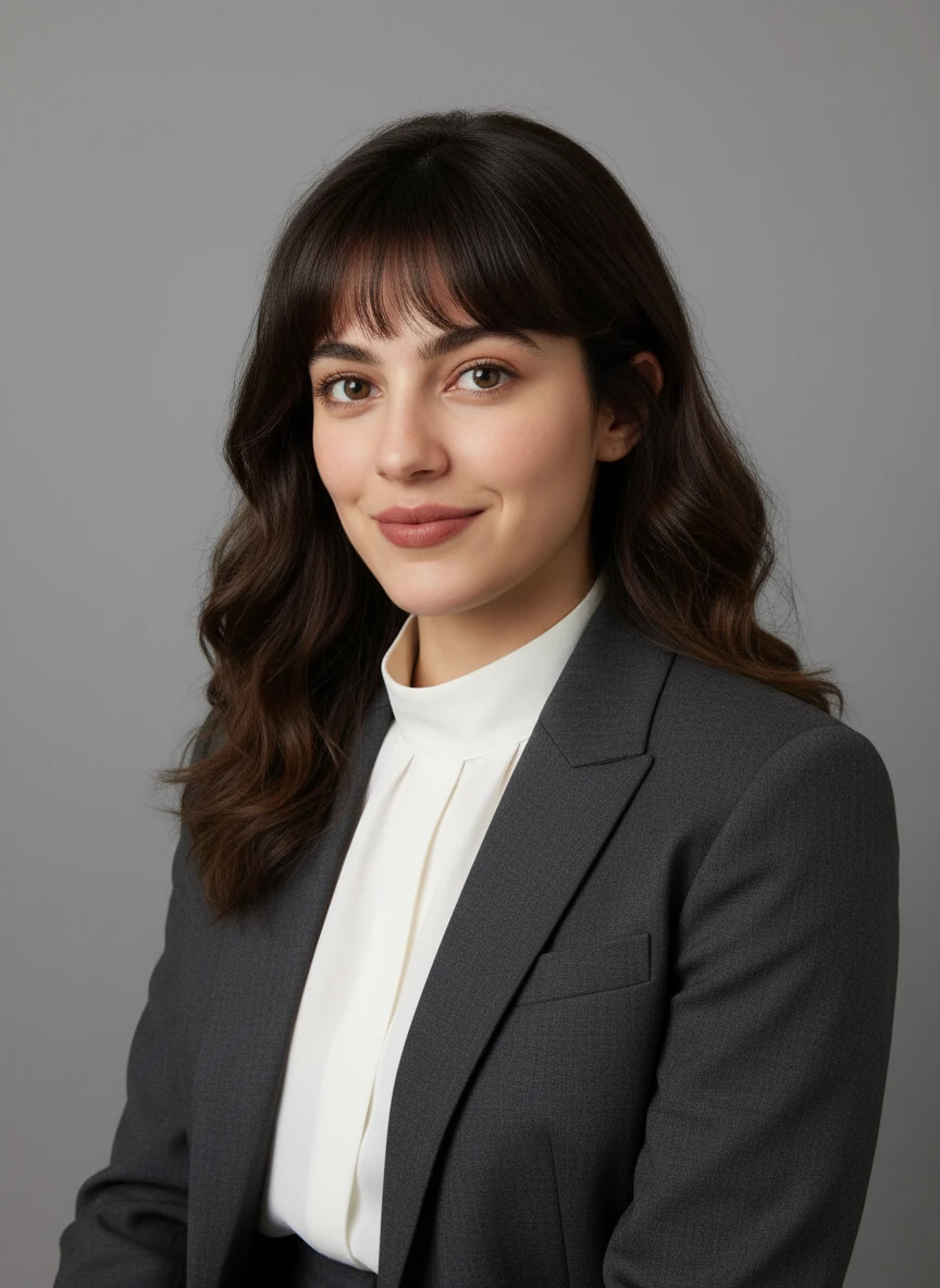Create a professional headshot based on the woman in the provided photo, neutral gray background, soft studio lighting, professional blazer, business suit, professional blouse, corporate attire, business formal, keep same face and natural expression