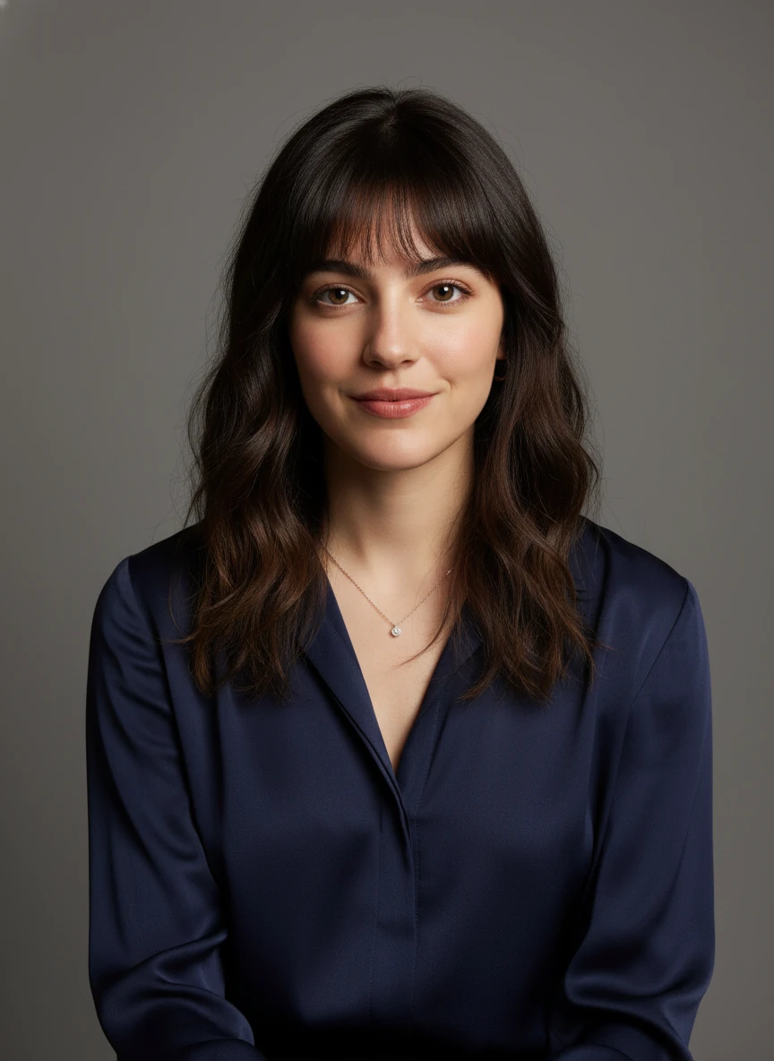 Create a professional headshot based on the woman in the provided photo, neutral gray background, soft studio lighting, professional blouse, business casual, professional attire, smart casual, keep same face and natural expression