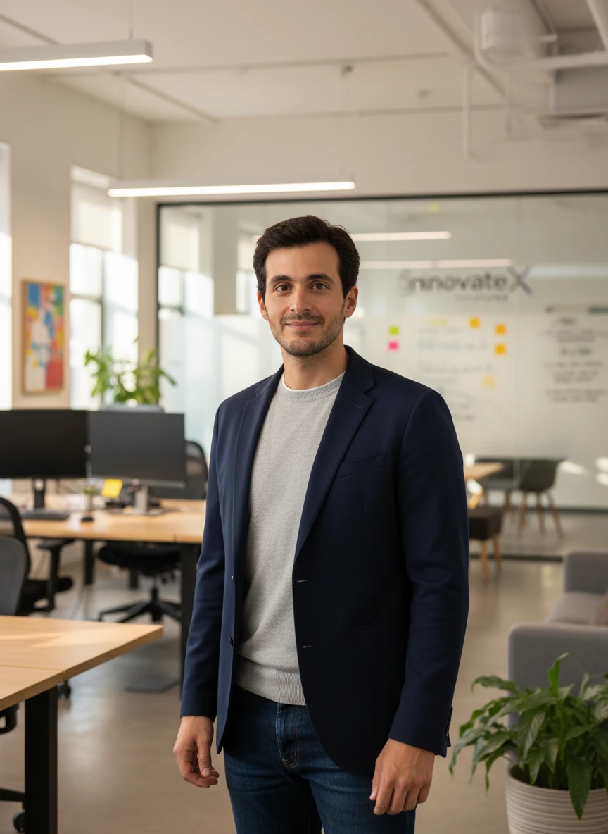 Create a professional headshot based on the man in the provided photo, tech industry professional, modern casual style, smart casual attire, contemporary background, approachable and confident expression, natural lighting, startup culture