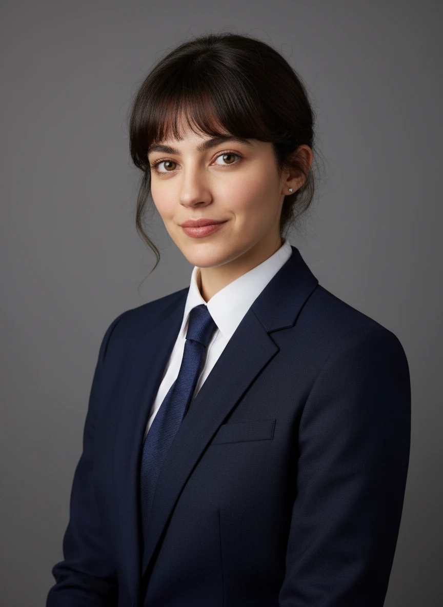 Create a professional headshot based on the woman in the provided photo, finance professional, business formal, conservative style, navy suit and tie, neutral gray background, confident professional expression, executive portrait, corporate standards
