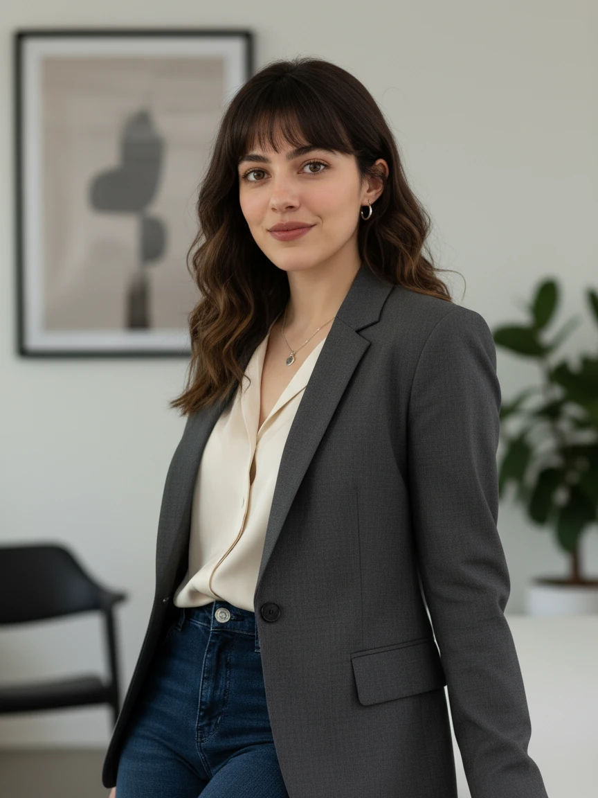 Create a professional headshot based on the woman in the provided photo, creative professional, modern style, business casual, contemporary setting, confident and approachable expression, creative industry, professional but personable