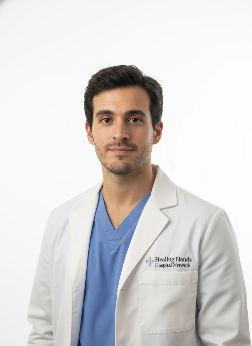 Create a professional headshot based on the [man/woman] in the provided photo, healthcare professional, medical professional attire, clean white background, trustworthy and approachable expression, clinical setting, professional and caring demeanor