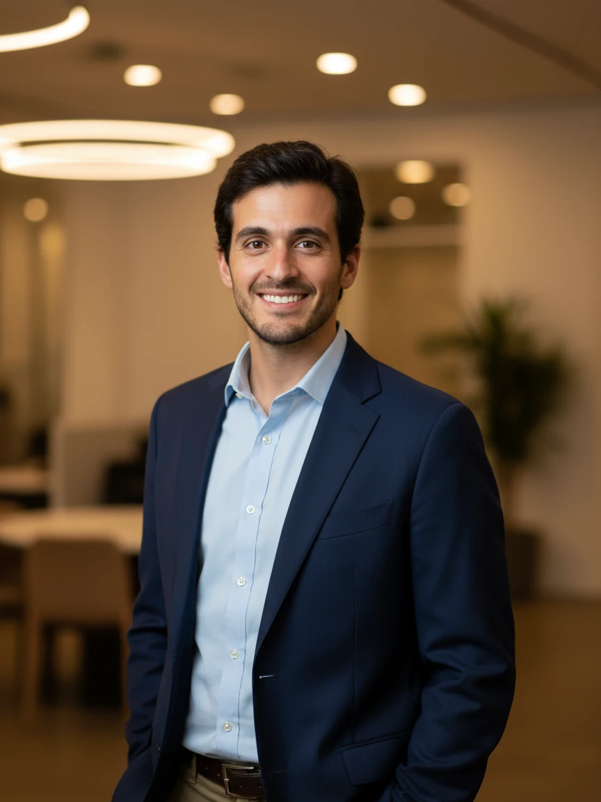 Create a professional headshot based on the [man/woman] in the provided photo, real estate professional, approachable and friendly, business casual attire, warm background, genuine smile, welcoming expression, trustworthy demeanor