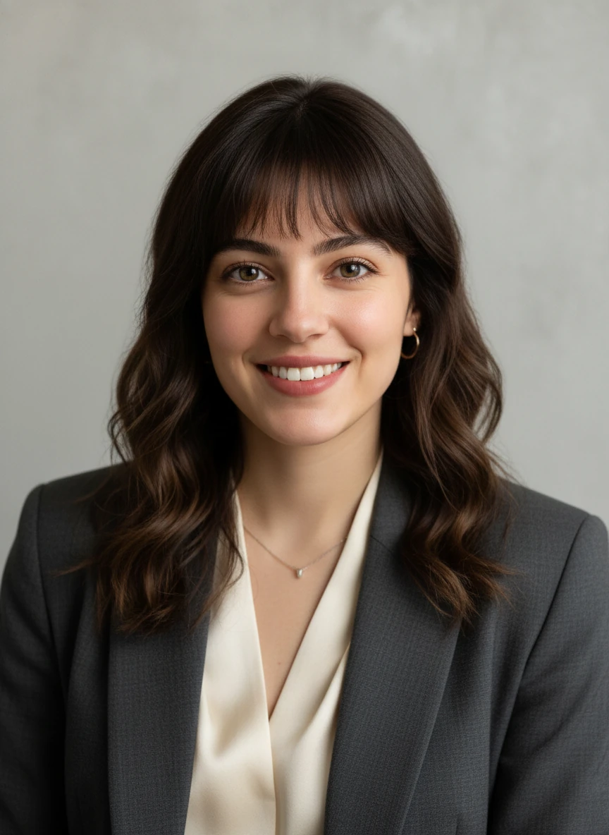 Create a professional headshot based on the woman in the provided photo, genuine warm smile, friendly and welcoming expression, personable demeanor, professional attire, neutral background