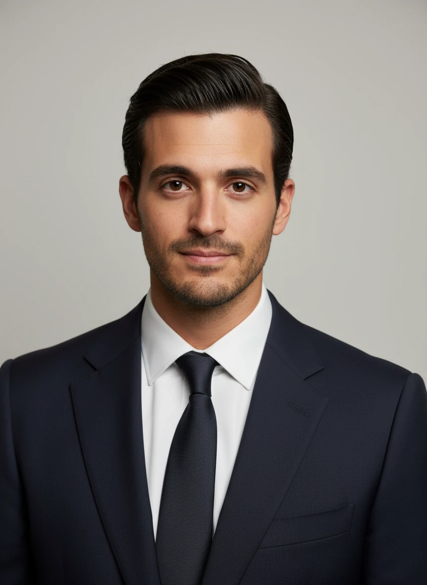 Create a professional headshot based on the man in the provided photo, modern professional hairstyle, well-groomed hair, slicked back, keep same face, professional attire, neutral background