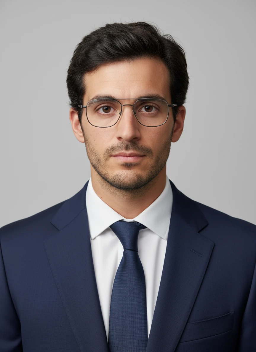 Create a professional headshot based on the man in the provided photo, wearing professional eyeglasses, modern frames, keep same face and expression, professional attire, neutral background