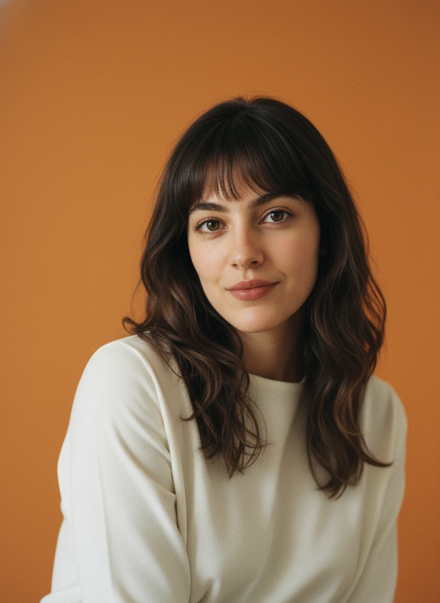Create a professional portrait based on the woman in the provided photo, warm plain orange background with grain, wearing white top, creative professional style, confident expression with a relaxed pose, modern casual attire, artistic portrait photography