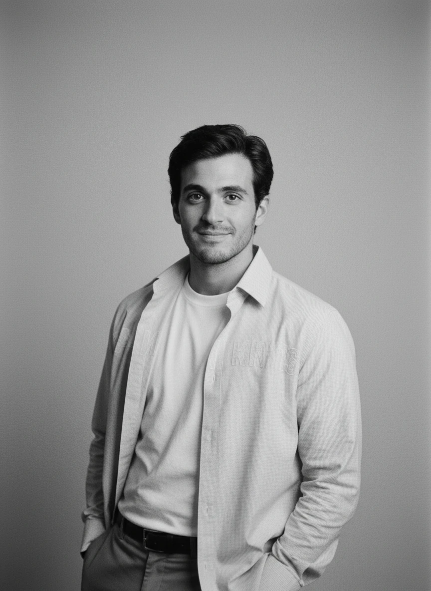 Create a black and white studio setup portrait based on the man in the provided photo, soft black and white photography, gentle lighting, artistic portrait, casual pose, approachable expression, classic film photography style