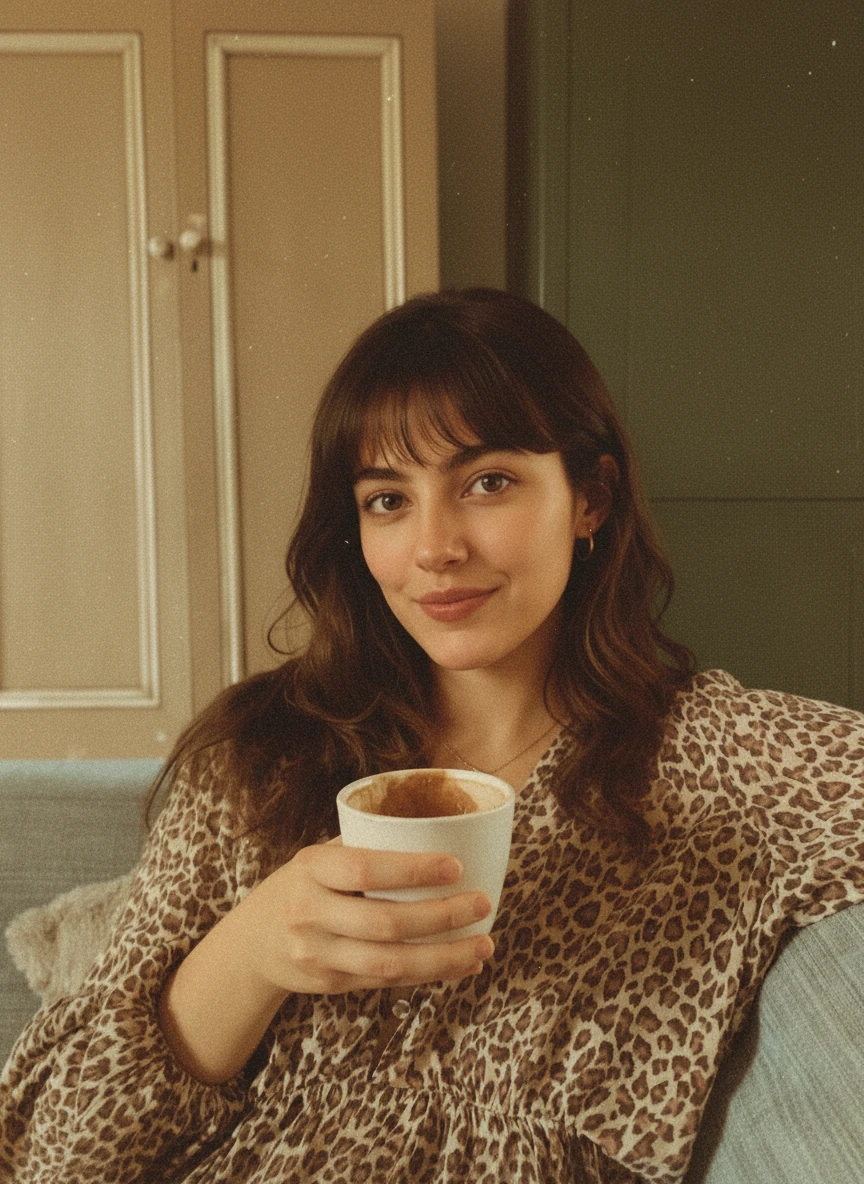 Create a portrait based on the woman in the provided photo, film grain texture, analog photography aesthetic, warm tones with the person well lit, artistic portrait, natural expression, vintage film style