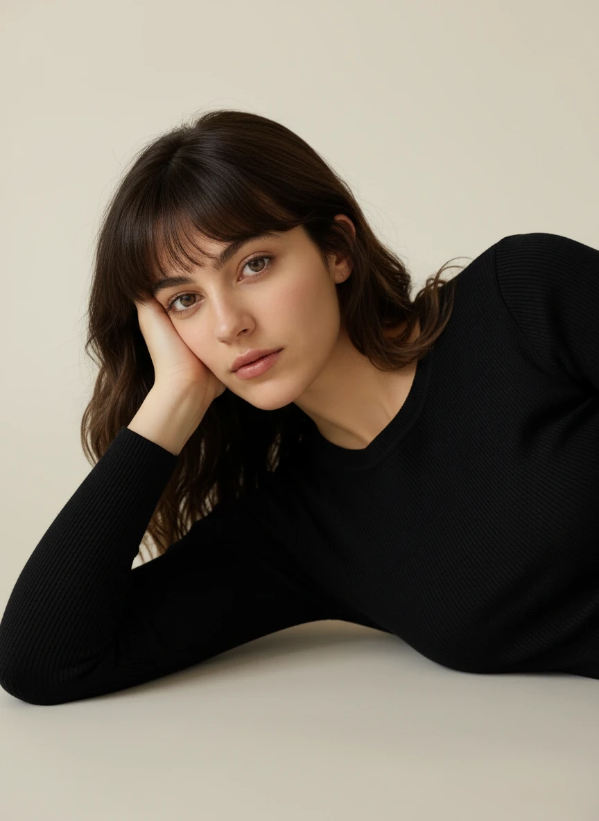 Let's create a realistic portrait of the shown young woman with her reclining with the upper body supported by their right arm, elbow bent, and head resting on their hand in a relaxed yet attentive pose. Her head tilts slightly forward and to the left, giving a contemplative impression. The body is oriented diagonally across the frame, creating dynamic balance. Lighting is soft and diffused, likely natural studio light, producing gentle shadows that emphasize facial contours and texture while maintaining an even tone overall. The expression conveys calm focus or thoughtfulness, with a subtle intensity. She wears a long-sleeved, ribbed black top with a crew neckline, simple and form-fitting, contrasting sharply with the neutral pale background. Compositionally, the image follows a minimalist aesthetic — clean, uncluttered, and centered on the subject’s pose and clothing texture. The camera angle is slightly above eye level, shooting downward at a shallow diagonal, focusing on upper body