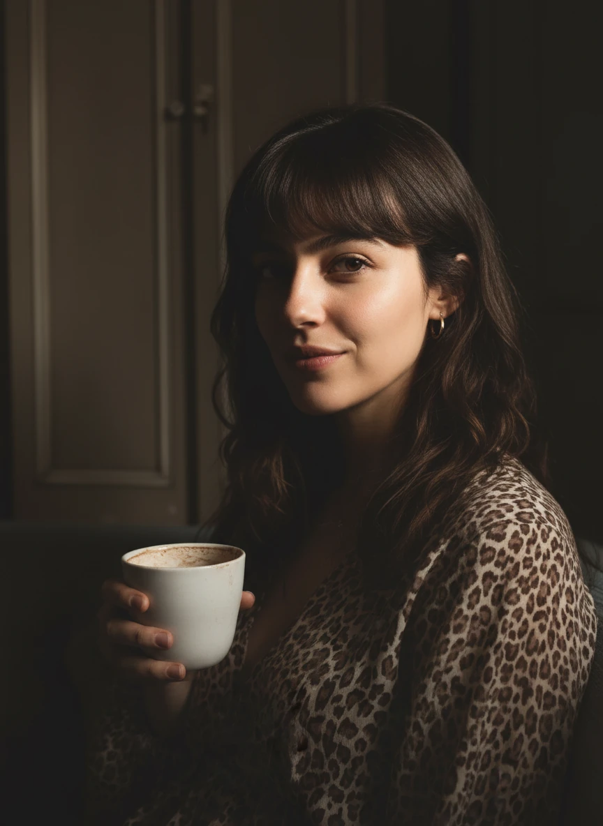 Create an artistic portrait based on the woman in the provided photo, dramatic side lighting, strong shadows, artistic portrait photography, confident expression, creative professional style, moody aesthetic