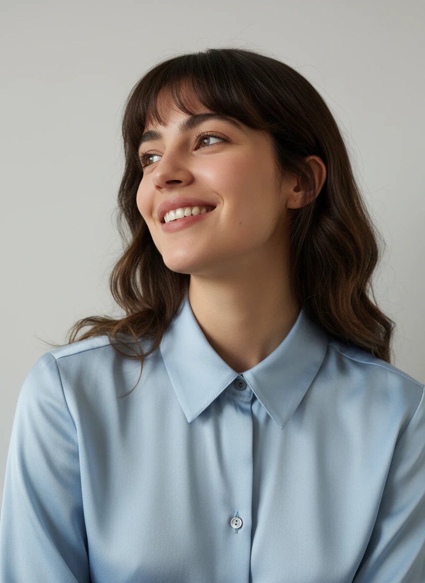 Create a realistic portrait of the shown young woman with her head tilted slightly backward and to her left, with her gaze directed upward, creating a sense of openness and lightness. Her shoulders are relaxed, suggesting a casual, confident posture. Lighting is even and soft, likely from natural or diffused studio light, illuminating her face and highlighting subtle textures in her hair and fabric. The expression appears joyful and radiant, conveying energy and warmth. She wears a silky light-blue button-up shirt with a pointed collar and a small metallic button at the top with a polished yet effortless appearance. The composition is a close-up, focusing on the head and neck, with the background kept light grey and uncluttered. The color palette is fresh and airy—dominated by soft blues, warm skin tones, matte skin, and gentle browns. The camera angle is slightly low, showing bottom of chin, looking upward toward the head to enhance the sense of elevation.Keep original facial details