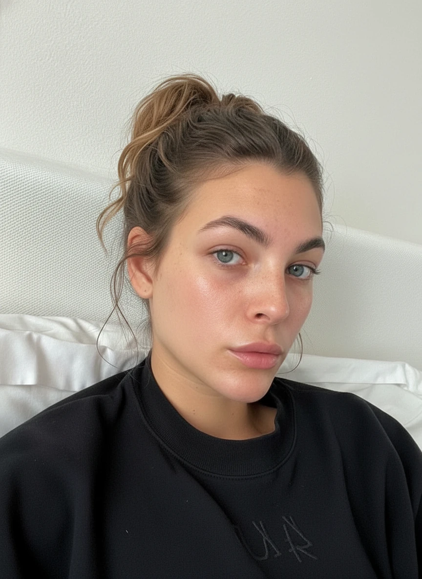 Remove temporary blemishes, spots, and minor skin imperfections, keep freckles and natural features, preserve skin texture, maintain realistic appearance, subtle retouching only. Keep the facial color tone consistent. Keep the facial details and photo realistic look. improve the overall image quality.