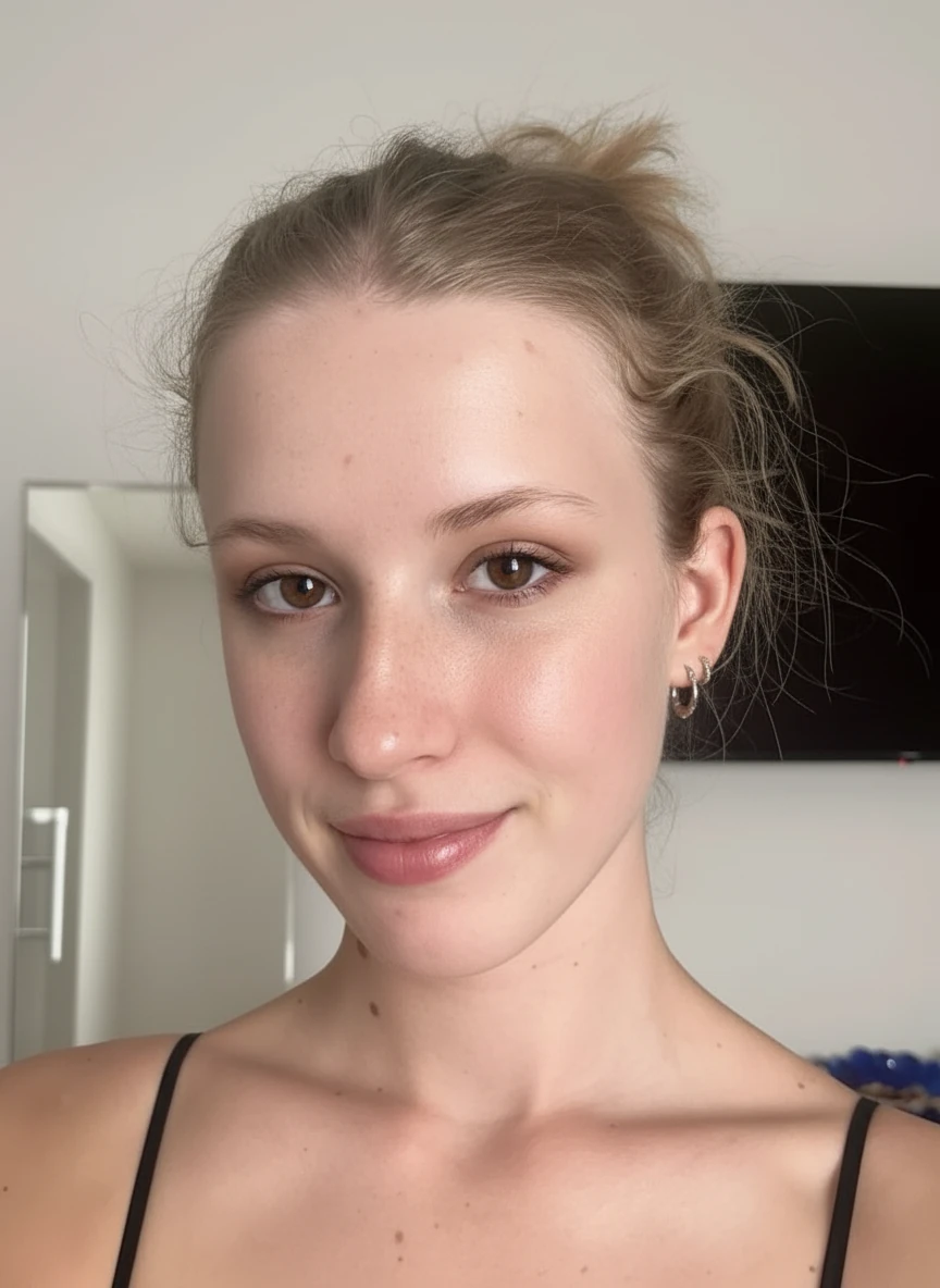 Apply very subtle natural makeup: light concealer under eyes, soft neutral eyeshadow, lengthened lashes, natural pink lip tint, soft blush on cheeks, maintain skin texture, barely-there makeup look