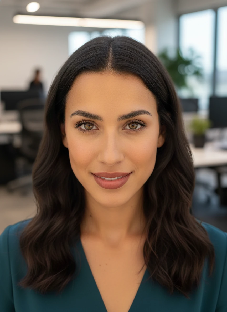 remove the background and apply a professional office background, blurred office interior, modern workspace, bokeh effect, corporate environment, adjust the lighting on the person as a natural room lighting setup accordingly, adjust the facial colour tone accordingly in the studio lighting setup. natural looking corporate headshot and improve the overall image clarity.