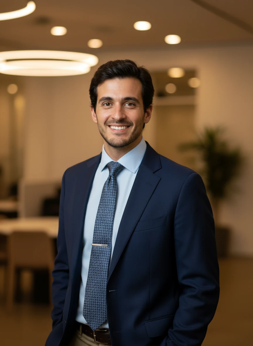 Let's add professional silk tie with collars buttoned up, subtle pattern, well-knotted, business accessory to the person's outfit