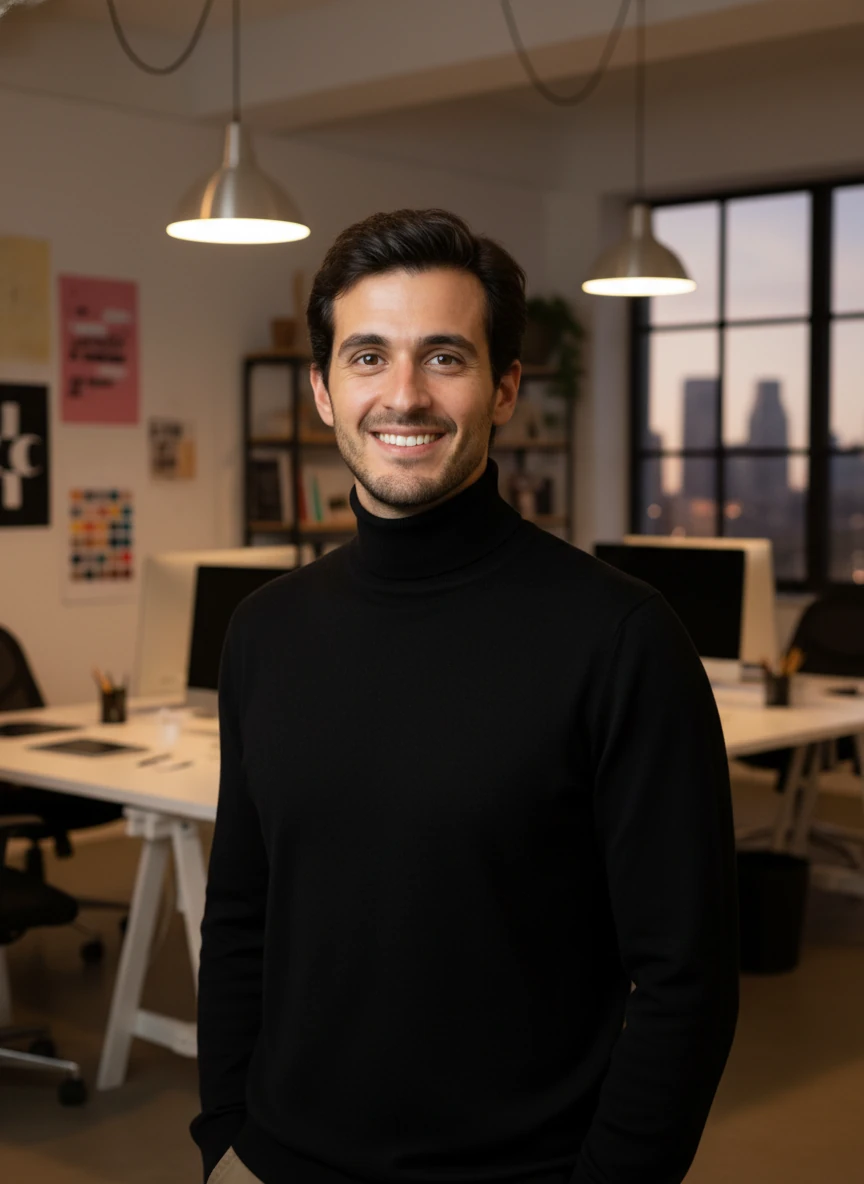 Replace the outfit of this man's with a black turtleneck, creative professional, minimalist style, and replace the background with a creative design studio setup. modify the over all lighting and colour tone accordingly.