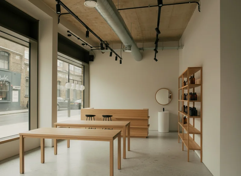 Furnish the space with two minimalist oak display tables (1.8m × 0.8m × 0.75m) centered near the front windows, aligned pa...