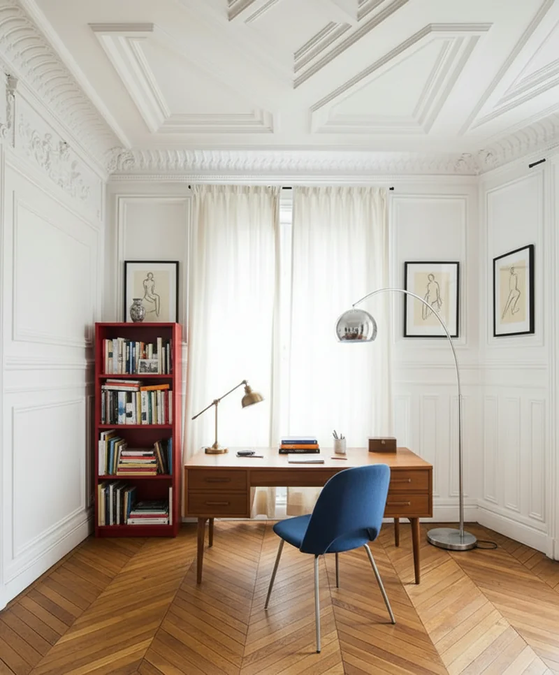 Furnish the study with a mid-century wooden desk centered in front of tall, cream-draped windows, paired with a blue-uphol...