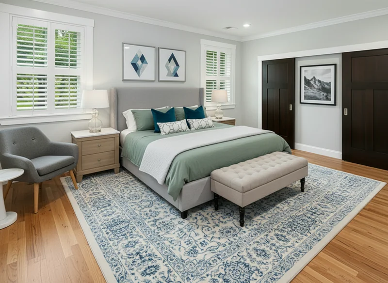 Furnish the bedroom with a soft gray upholstered bed centered on a patterned blue-and-white rug, dressed in sage bedding, ...