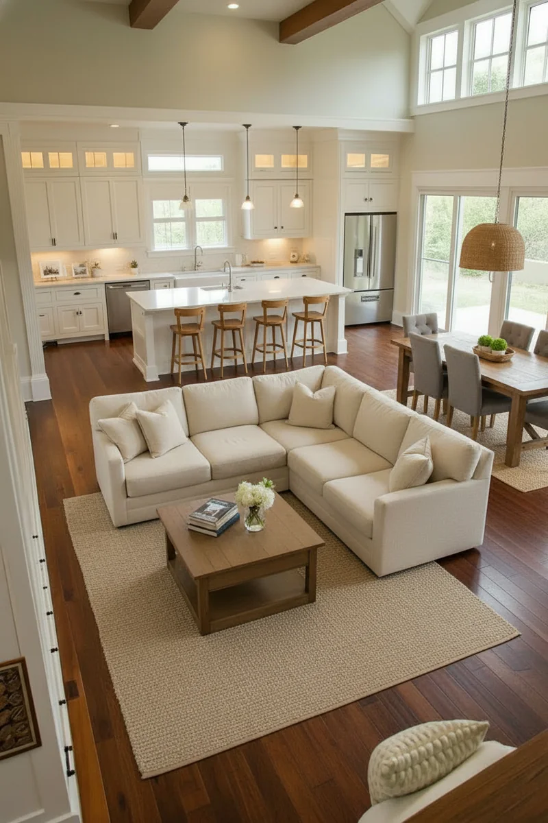 Furnish the open living space with a large cream L-shaped sectional sofa centered on a beige woven rug. Place a square woo...