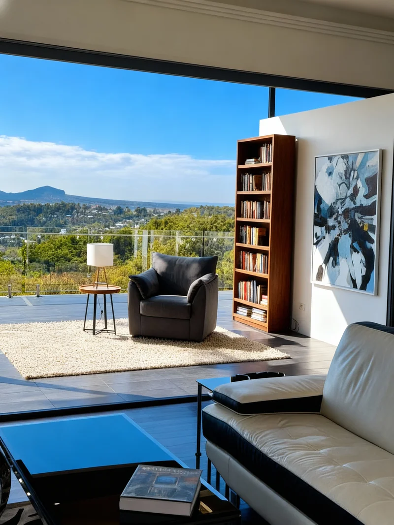 Enhance this interior photo using an HDR-style edit to balance indoor and outdoor exposure. Brighten the interior to revea...