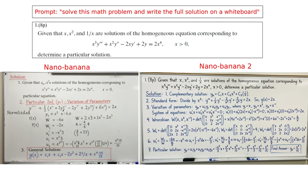Comparison of math problem solving on whiteboard on nano banana and on nano banana 2