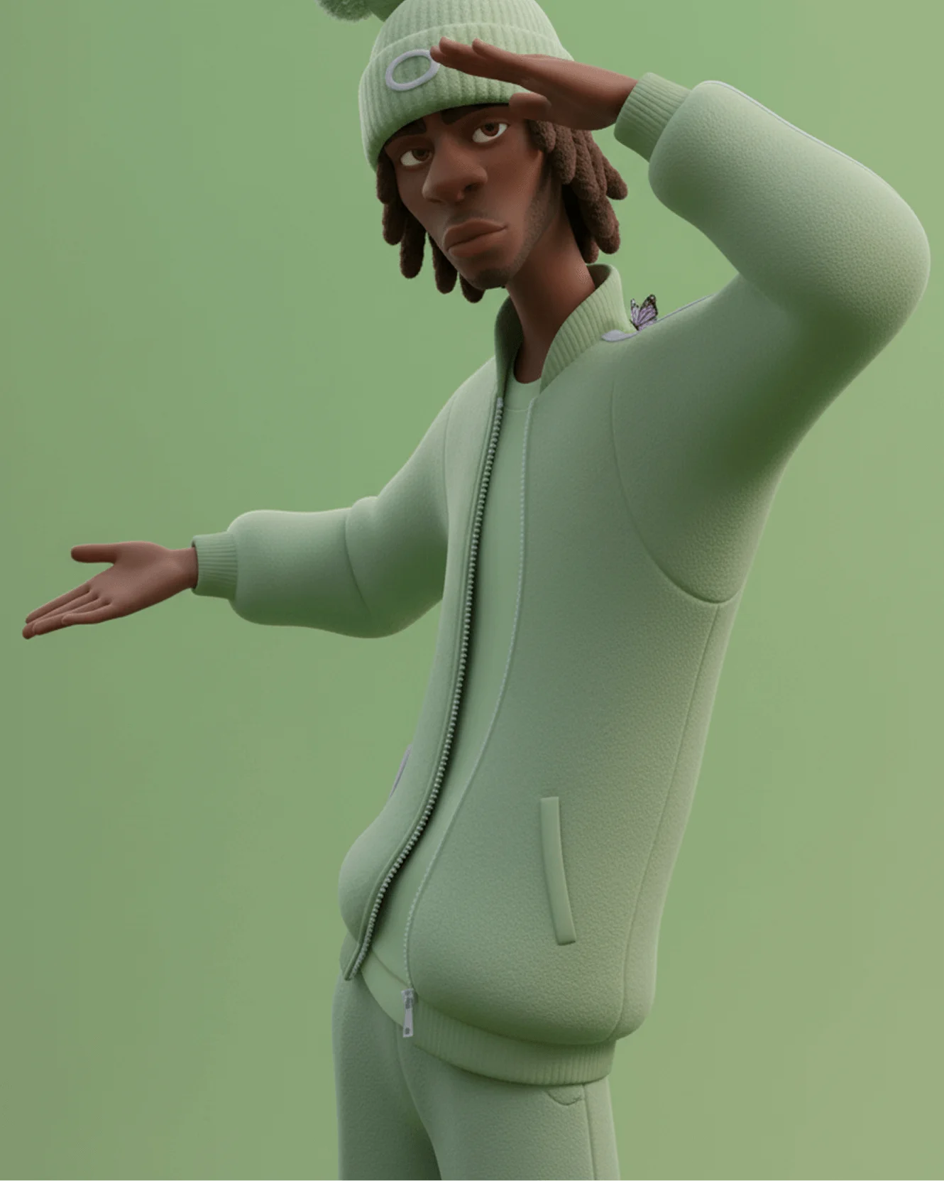 Dynamic character illustration with expressive features and detailed costume design