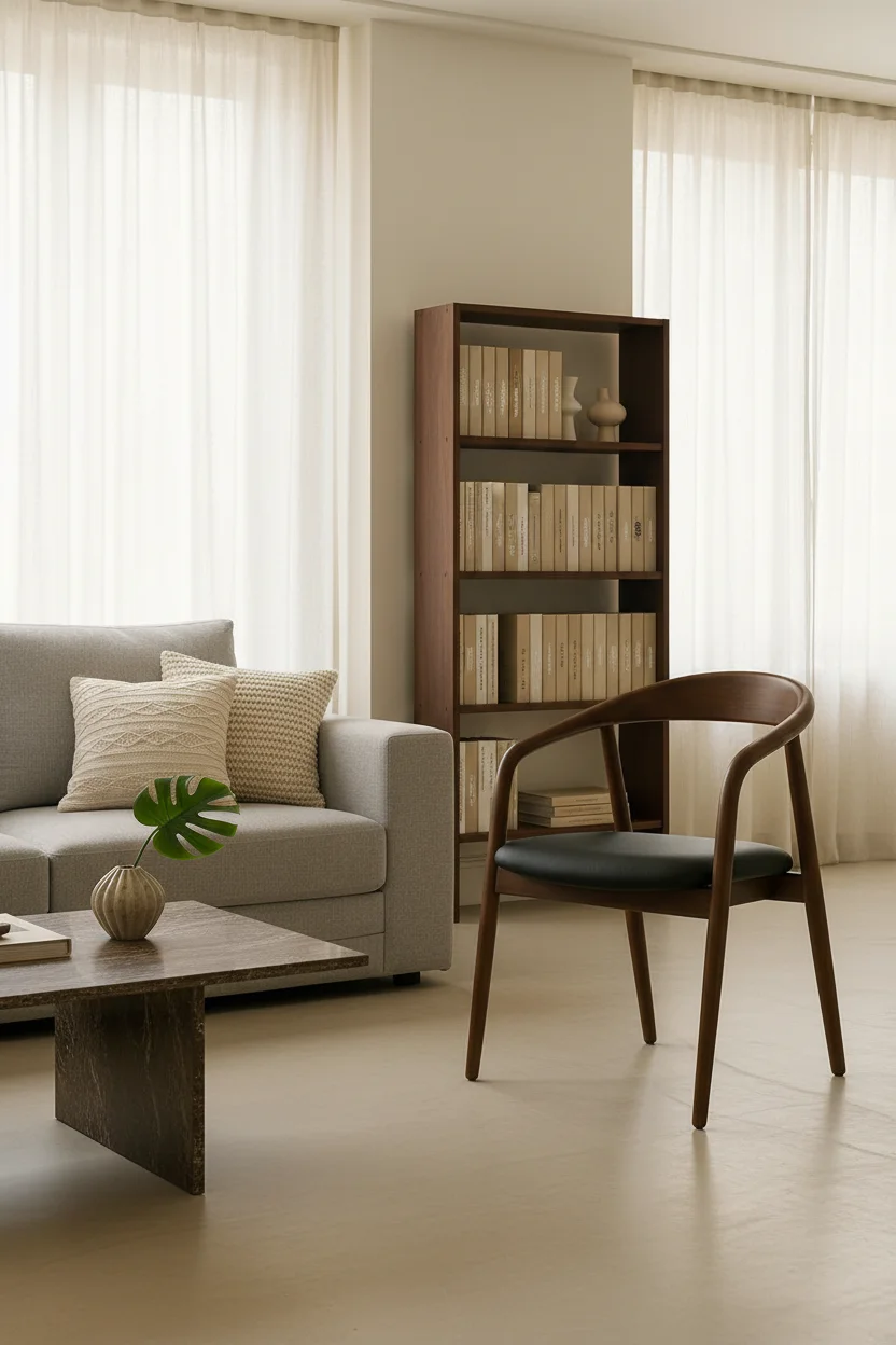 Modern wooden chair design with ergonomic form and premium materials inside a calm living room