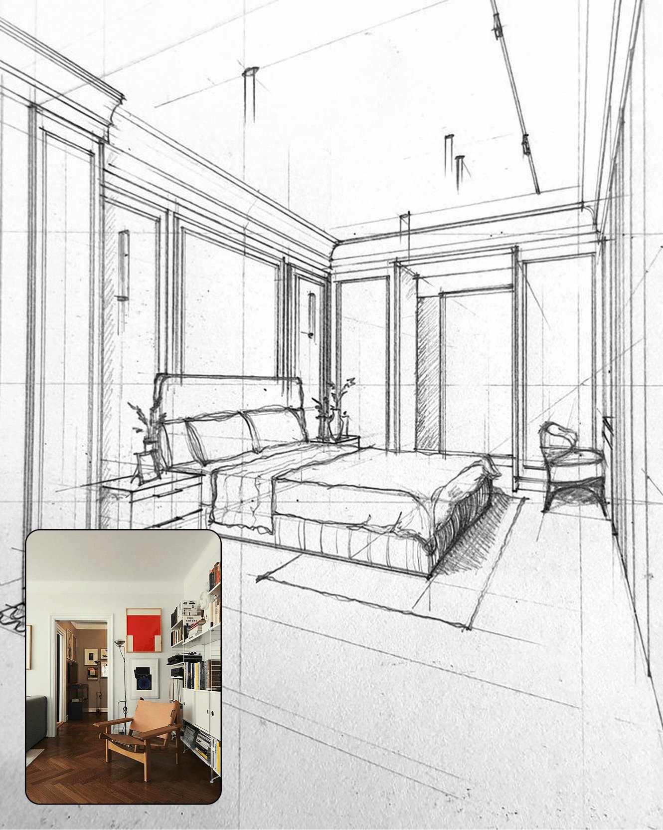 Reference image before edits for interior showcase. Create a realistic rendering based on the hand sketch, and apply some ...