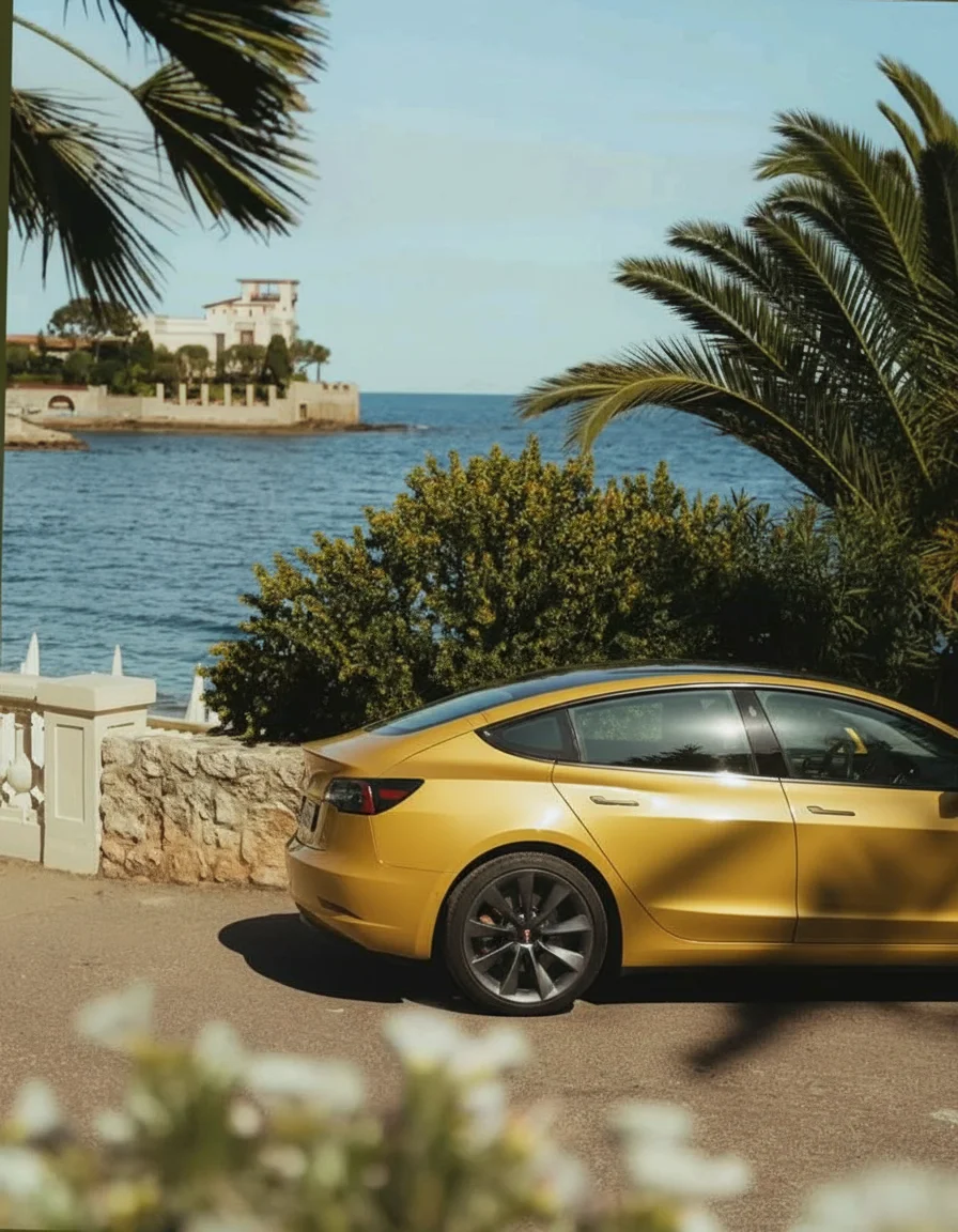 Yellow Tesla Model 3 automotive photography - AI generated car image