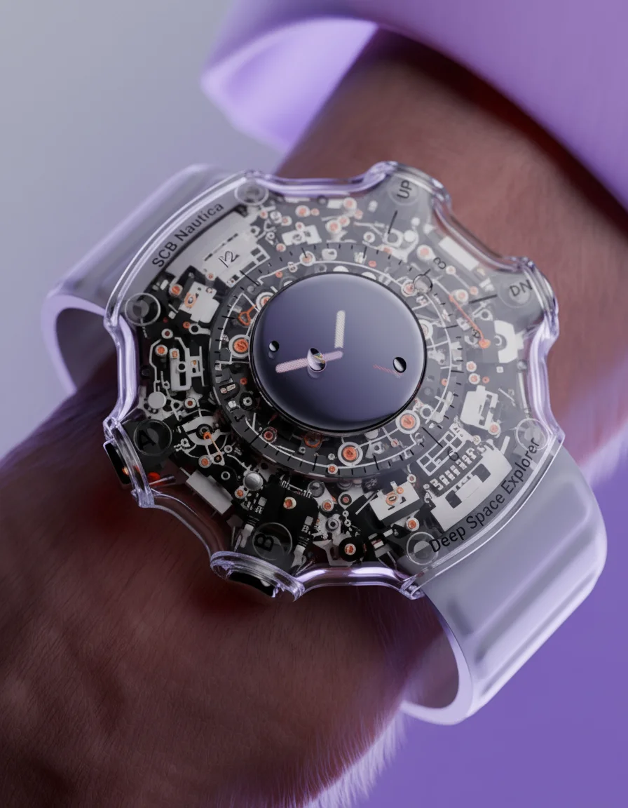 Transparent watch design showing internal mechanics - AI generated product design